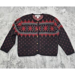 Vintage Crystal-Kobe Snowflake Cardigan Sweater L PETITE Black Red Gold Buttons